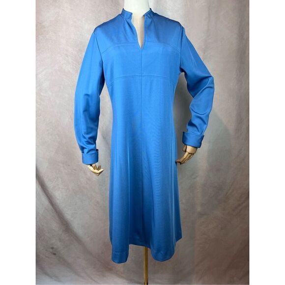 Vintage 1970s Mod Blue Poly Long Sleeve Dress MCM GoGo Retro Disco Plus Size - Picture 1 of 7